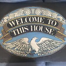 Vintage Large Oval Wood Hand Painted Welcome  Eagle Hanging Wall Sign 16”x23”. picture