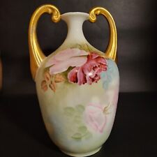 Beautiful Vintage Gold Handled Handpainted Floral Unmarked Limoge Vase picture