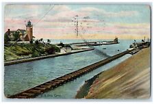 1910 US Ship Canal Lighthouse Building Ferry Portage Lake Michigan MI Postcard picture
