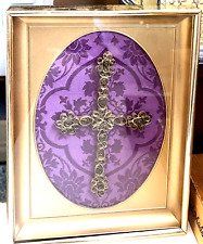Cross Made Quilled Gold Paper Gold Tone Frame Purple Background VTG Artist Label picture