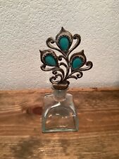 Vtg Style Glass Bottle w/Beautiful Ornate & Turquoise Color Stone Stopper 7.5” picture