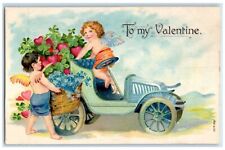 c1910's Valentine Cupid Angel Car Flowers In Basket Heart Clover Posted Postcard picture