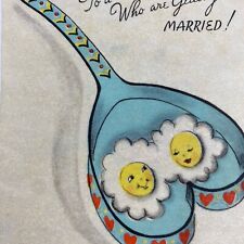 Vintage Mid Century Wedding Greeting Card Anthropomorphic Eggs Couple Parchment picture