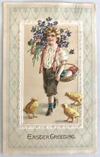 Vintage 1911 Easter Postcard Boy Purple Flowers Basket Colored Eggs Baby Chicks picture