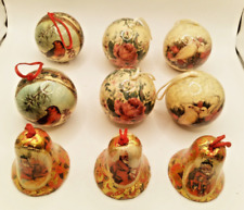 Mixed lot of 9 Paper Mache Christmas Ornaments Birds, Doves, Floral, Santa picture