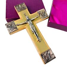 vtg Religious Crucifis Cross Pendant silver tone Metal Jesus on wood cross w box picture