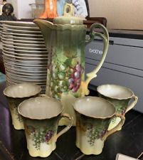Antique A C Bavaria Green w/ Grapes Chocolate Pot with 4 Cups MINT Signed A Koch picture