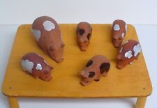 Vintage Czechoslovakia Pig Piglets Clay Figures Spotted Set of 6 Farmhouse  picture