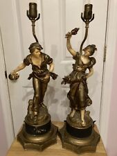 pair figural Lady/man spelter lamps Auguste Moreau Paris France Signed picture