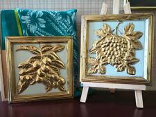 Set Of 2 Repousse Fruit Wall Plaques Grape Cherry Vintage Mid Century Gold Brass picture