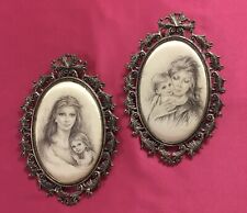 Vtg Rare Pair of Framed Silk Fabric Portraits Mother and Child G. Tarantino picture