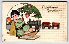 Christmas Postcard Children Toys Train Building Blocks X-mas Tree Stecher 1915 picture
