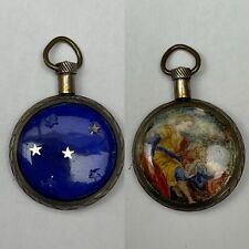 Antique Double Sided Perfume (?) Pendant Enamel & Painting 1” Silver With Brass picture