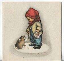 Used Vtg CHRISTMAS CARD-apx 4x4 Little Boy w/Red Cap Feeding Baby Bunny picture
