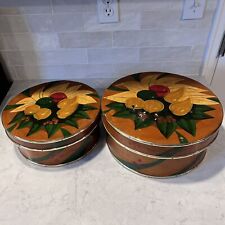 VTG Hand Painted Shellacked Gold Trim Oval Shaker Style Wooded Boxes Set of 2 picture