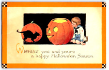 Girl, black cat, pumpkin, Gibson Lines, Halloween Postcard  (1921) - Vintage picture
