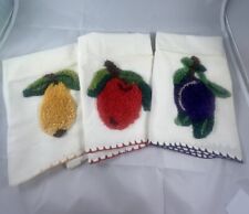 Vintage 70s Embroidered Kitchen Towels With Raised Fruits Apple, Lemon, Plum picture