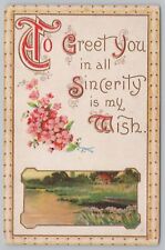 Greetings~Country View Along River~Flowers~Vintage Postcard picture
