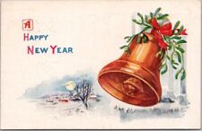 Vintage HAPPY NEW YEAR Embossed Postcard Gold Bell / Mistletoe / Winter Scene picture