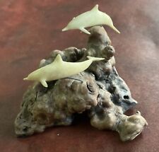 Vintage John Perry 2 White Dolphins Porpoises Sculpture On Burl Wood 5-3/4” Wide picture