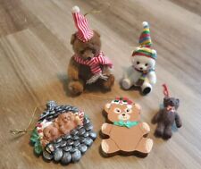Vintage Teddy Bear Christmas Ornaments Lot of 5 Flocked Resin Wood Jointed picture