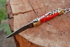 Forged Damascus Steel Folding Key chain Knife brass Bolster Stain Wood Handle picture