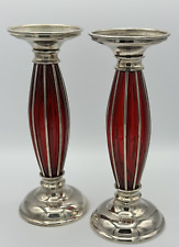 Vintage Red Glass Silver Metal Pillar Candle Holders 9.5