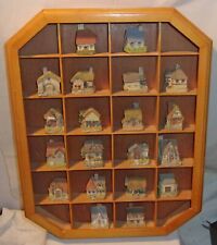 20 MINIATURE HOUSE COTTAGE FIGURINES WITH WOODEN SHADOW BOX SHELF picture