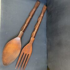 Vintage Large Hand Carved Wooden Fork and Spoon Wall Decor 25” Wood Totem picture