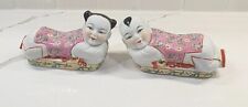 Vintage Pair 1940-50s Chinese Enameled Porcelain Boy & Girl Pillow Figures  picture