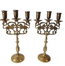 antique  Solid Brass Lions Set 2 Heavy Candelabra 3candle Each 12