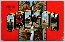 Greetings From Oregon~Multnomah Falls~PM 1952~Vtg Large Letter Linen Postcard picture