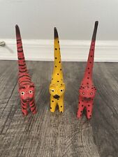 Lot Of 3 Paper Mache Cats Kitty Cats Long Tails Folk Art Red Yellow picture