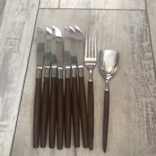 Ekco Eterna Canoe Muffin  Knives Fork&Spoon  Stainless Flatware Faux Wood Handle picture