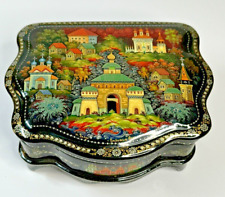 VTG Signed Footed Russian Palekh Lacquer Box, Countryside with Churches, 5