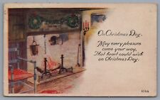 1921 Antique Christmas Card Postcard Fireplace Wreath Piedmont, West Virginia picture