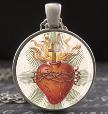 Immaculate Sacred Heart of Jesus Necklace Vintage Art Glass Charm Catholic Medal picture