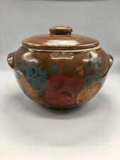 Unique VTG Signed USA Brown Glazed Lidded Bean Pot With Hand Painted Fruit 7x9” picture