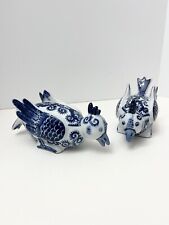 2 Vintage Floral Porcelain Feeding Bird Figurines Blue and White Hand Painted picture