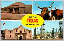 Hello Texas Lone Star State Multi View Cattle Log Cabin Alamo State VTG Postcard picture
