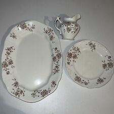 Antique 3pc Colonial Pottery Stoke England Brown Transferware, Plate, Creamer picture