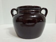 Vintage Brown Glaze Stoneware Crock Bean Pot With Handles and Lid Pottery USA picture