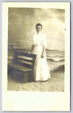 RPPC Studio Portrait Lady in Long Dress Standing by Bench, c1908 Real Photo picture