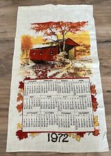 Vintage 1972 Linen Calendar Tea Towel Autumn Barn Cabin Leaves 28x16 picture