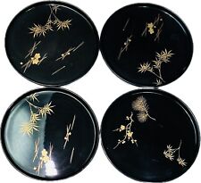 4 Vintage Yamanaka Lacquerware Plates Black and Gold Japan picture