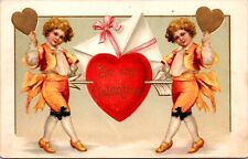 Valentine's Day Postcard Two Young Children Holding Gold Hearts Arrow Envelope picture