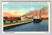 Sault Ste. Marie MI-Michigan, Three Lake Freighters, Vintage Postcard picture