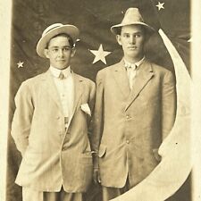 Antique RPPC Real Postcard Photograph Handsome Young Men Paper Moon Stars ID picture