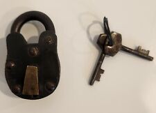 Antique Heavy Metal Padlock W/Set of Keys With Moveable Cover to Hide Key Hole  picture