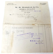 W.H. Markham & Co Insurance 1910 Bill Invoice Pierce Building St. Louis Missouri picture
